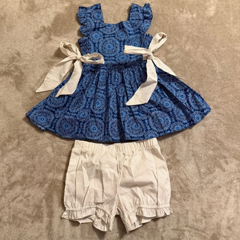 Ricrac & Ruffles Girls Blue Medallion Dress and Striped Bloomer Set Size 5 NWT